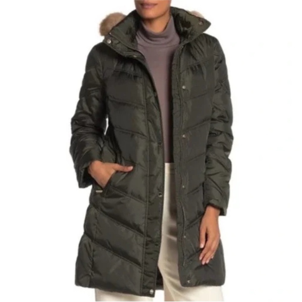 Michael Kors Olive Green Down Puffer Coat w/ Faux Fur Trim Hood – 3/4 Length (L)